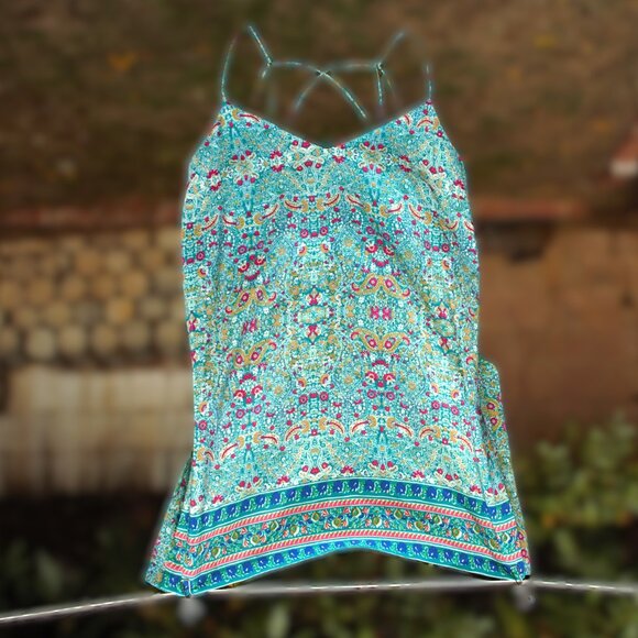 Anthropologie Maeve Teal Floral Crossback Cami Top 14 - Picture 1 of 2